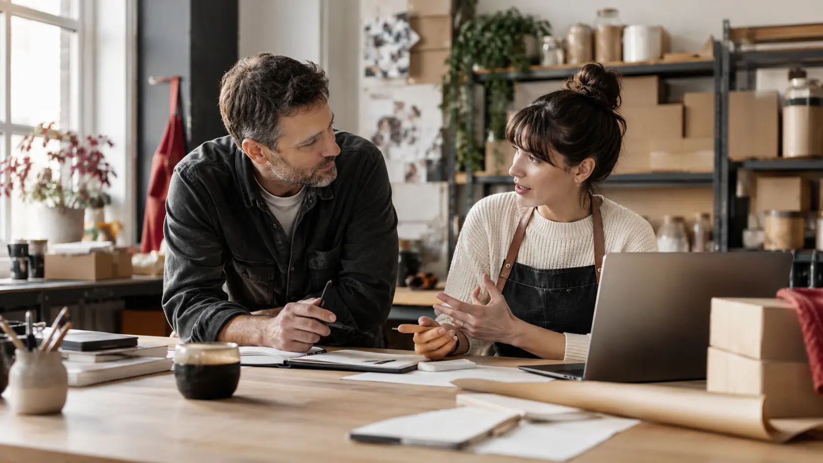 A supervisor and employee discussing which repetitive tasks to improve in a practical small-business workspace, candid listening and problem solving.