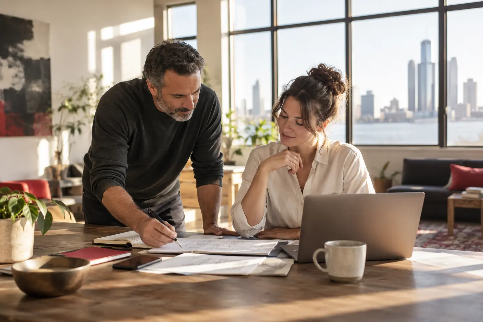 Illustrative business team reviewing documents and connected software