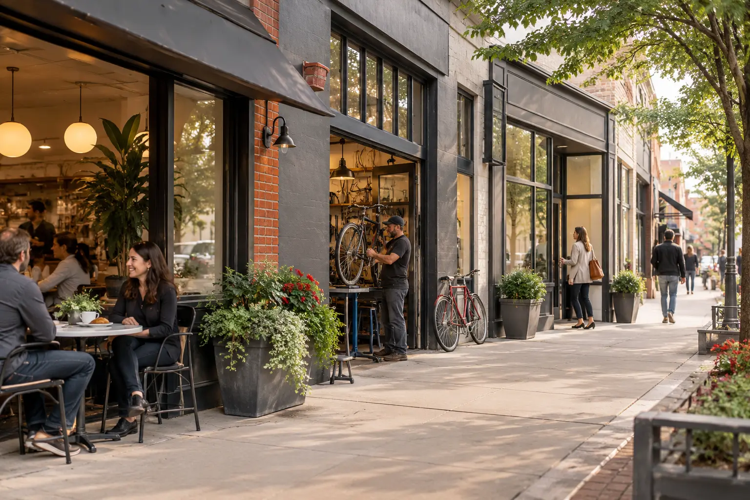 A local commercial streetscape with a café, repair shop and professional office, welcoming Metro Detroit neighborhood, no readable store signs.