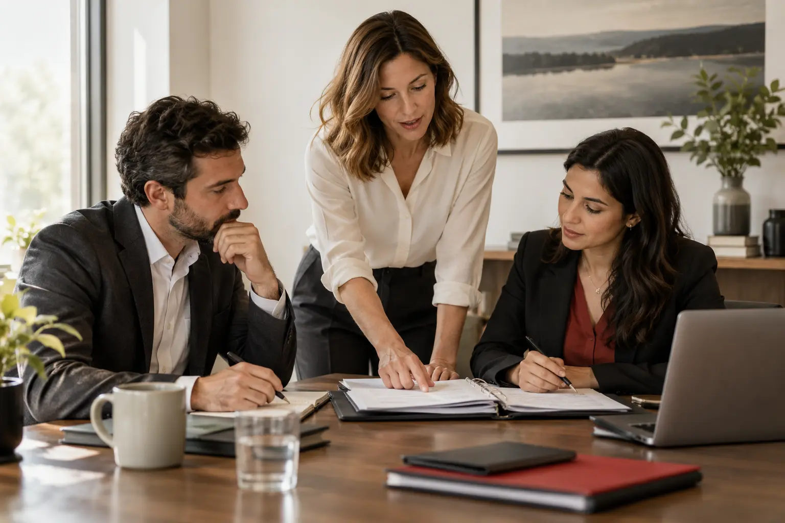 A professional services team reviewing a client document checklist in a quiet meeting room, orderly folders and laptop.