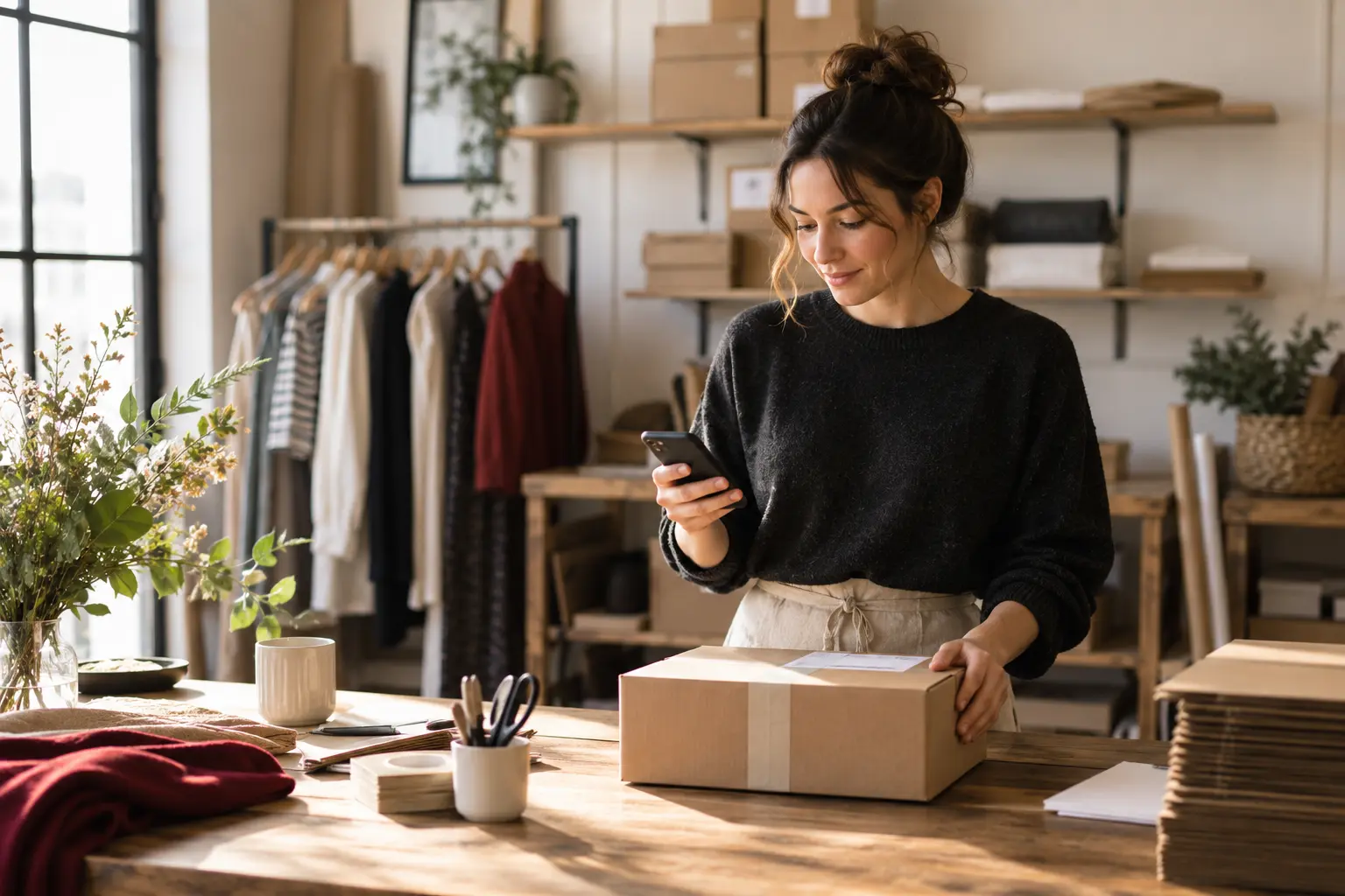 A retail coordinator checking a customer message on a phone beside a packaged online order, organized fulfillment corner.