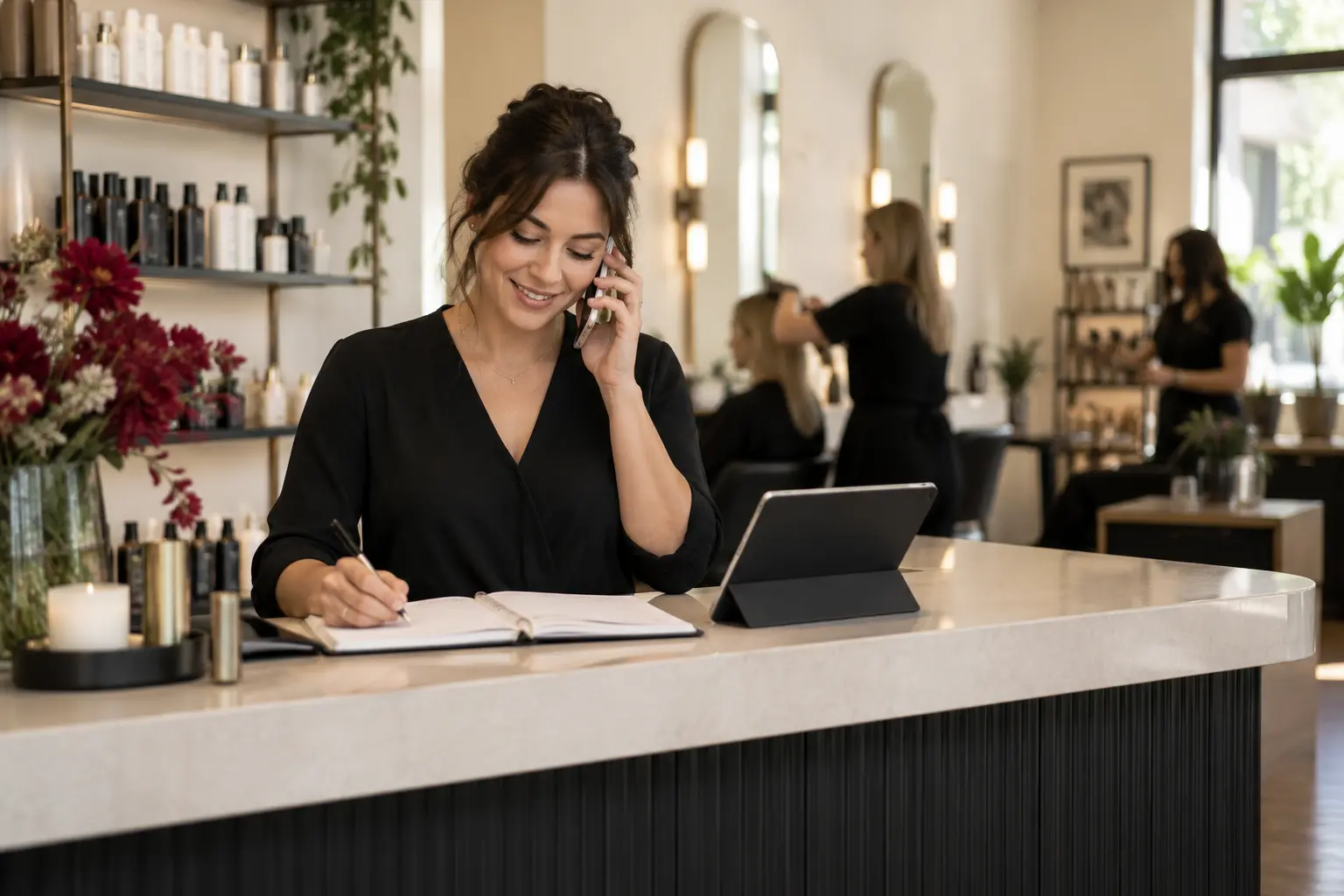A salon receptionist coordinating appointments at a polished neighborhood salon desk, discreet tablet and appointment book.