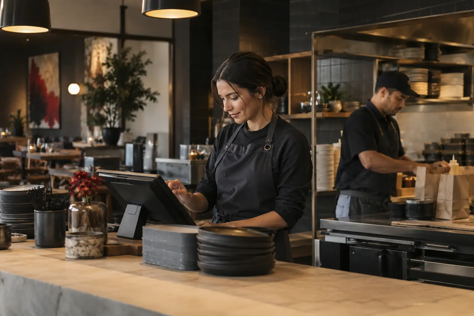 Restaurant staff checking a digital order