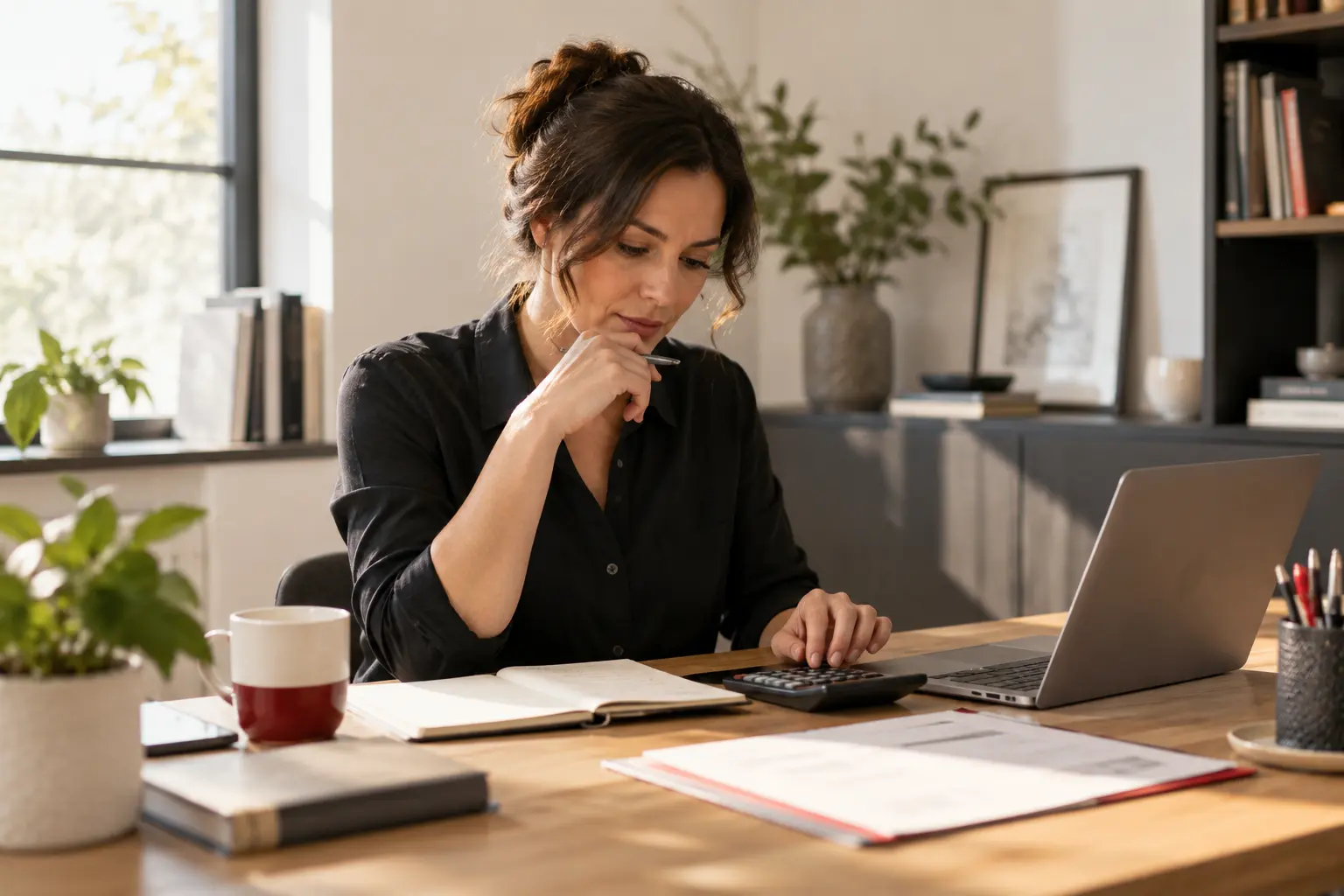 A business owner assessing workflow time and operating costs at a clean desk with calculator, notepad and laptop, quiet realistic planning.