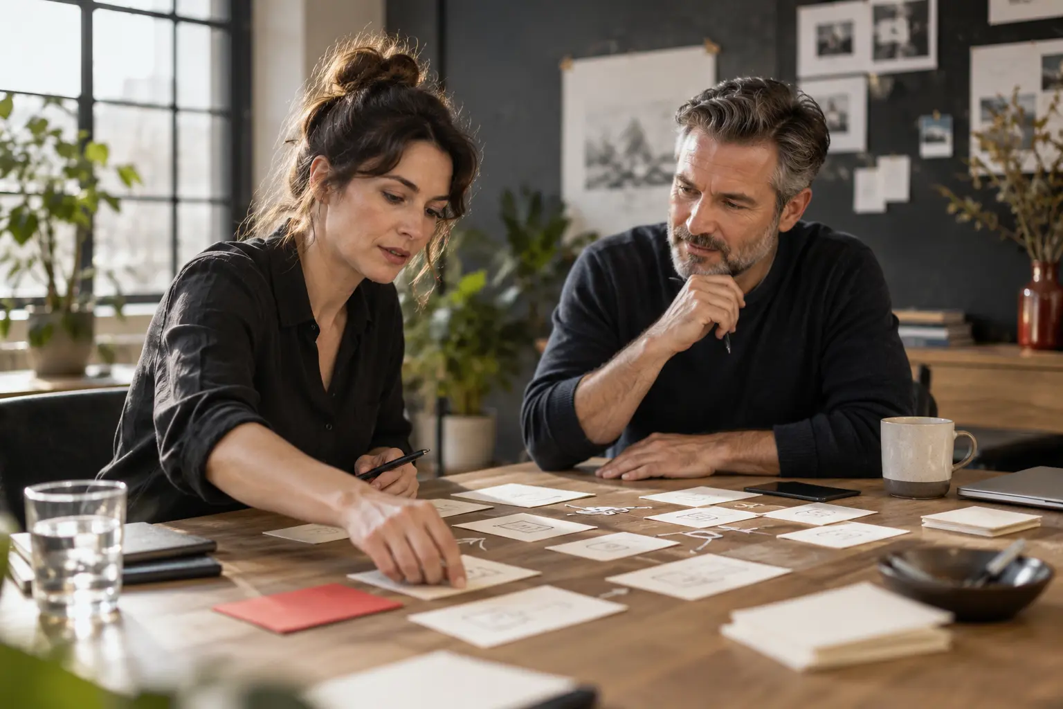 A business owner and consultant sketching a current work process on paper cards at a workshop table, candid focused discussion, no readable text.