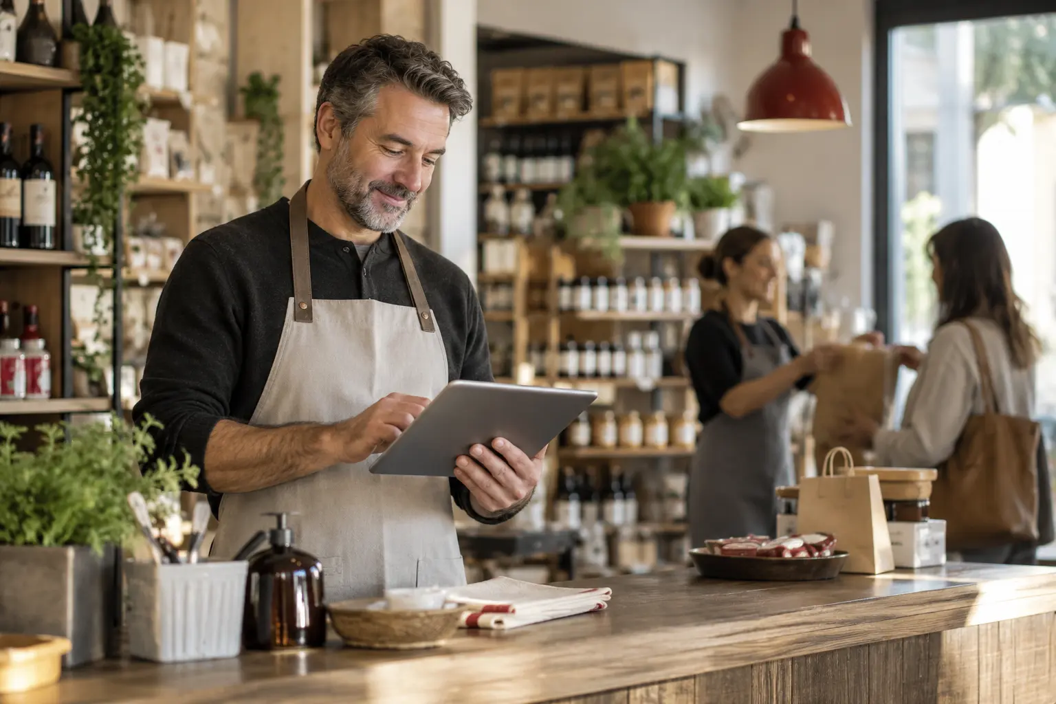 A neighborhood shop owner checking a tablet at an organized counter while a customer is helped in the softly focused background.